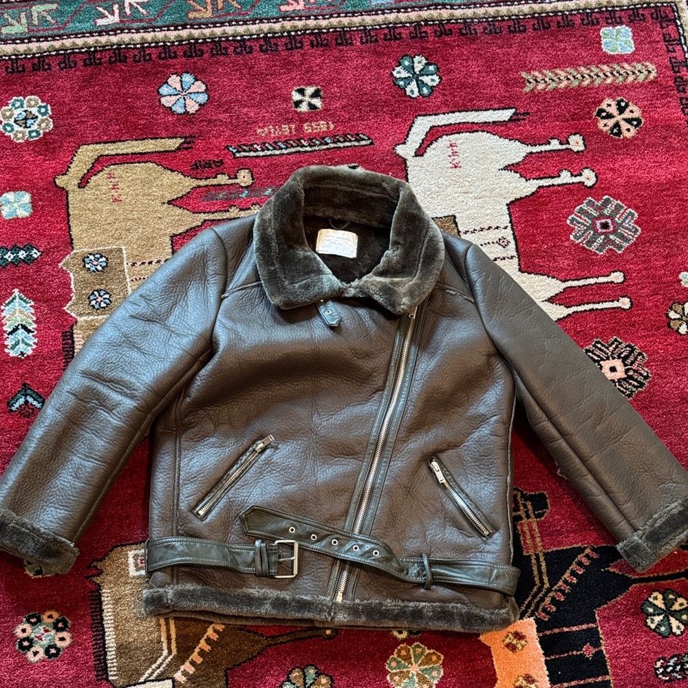 Zara army green Leather Jacket